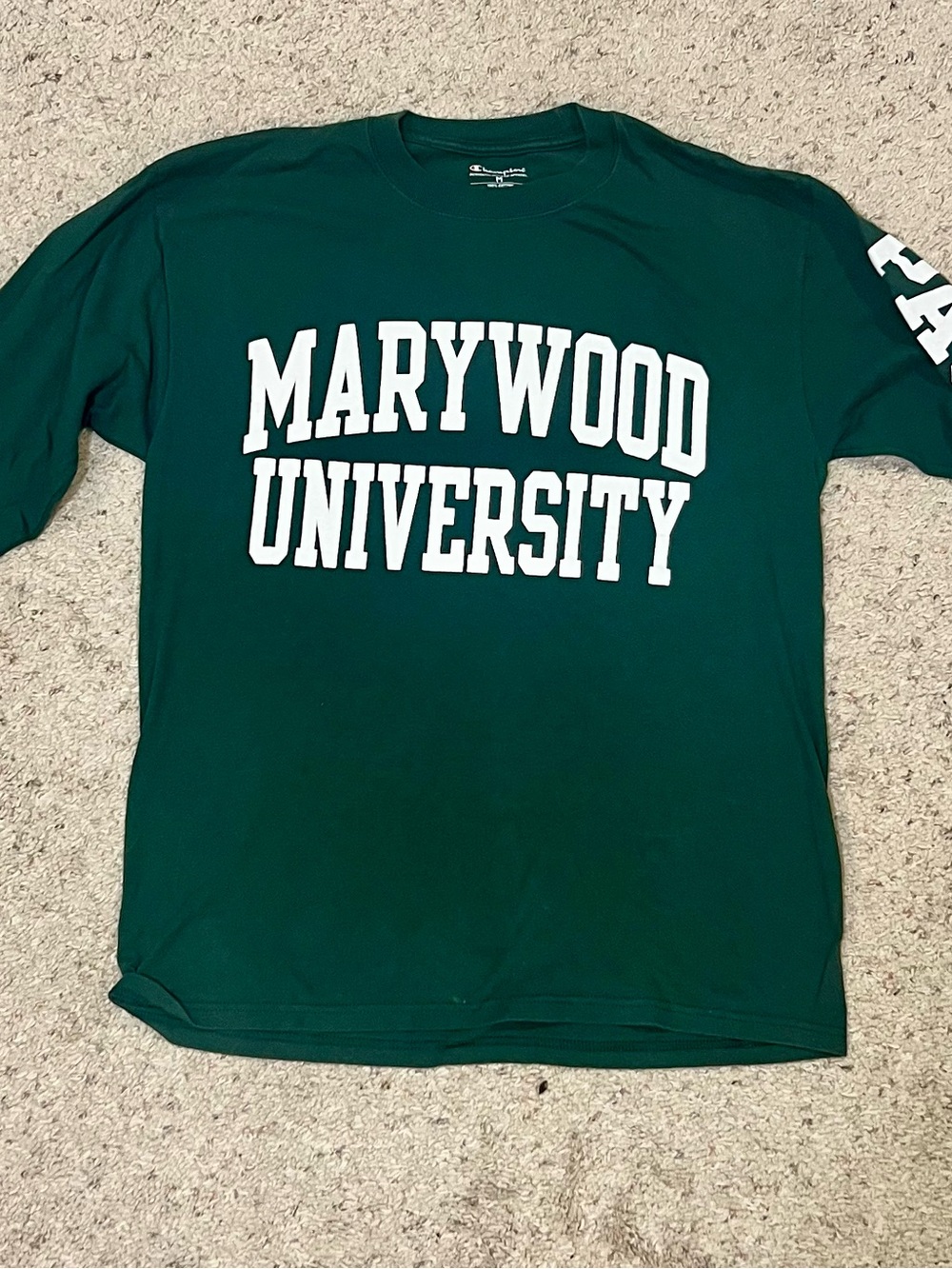 Champion Green Marywood University Long Sleeve Tee with White Letters